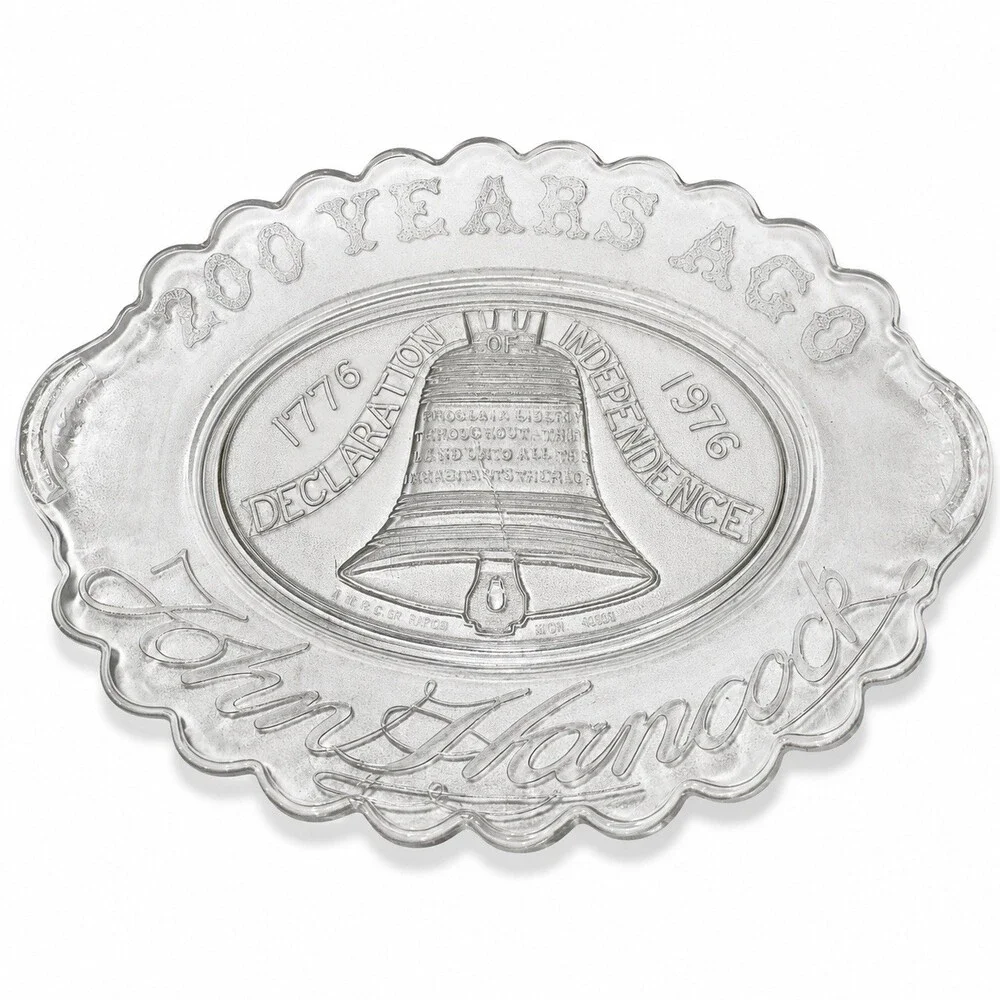 Vintage 1976 Bicentennial Liberty Bell John Hancock Glass Platter 13”
